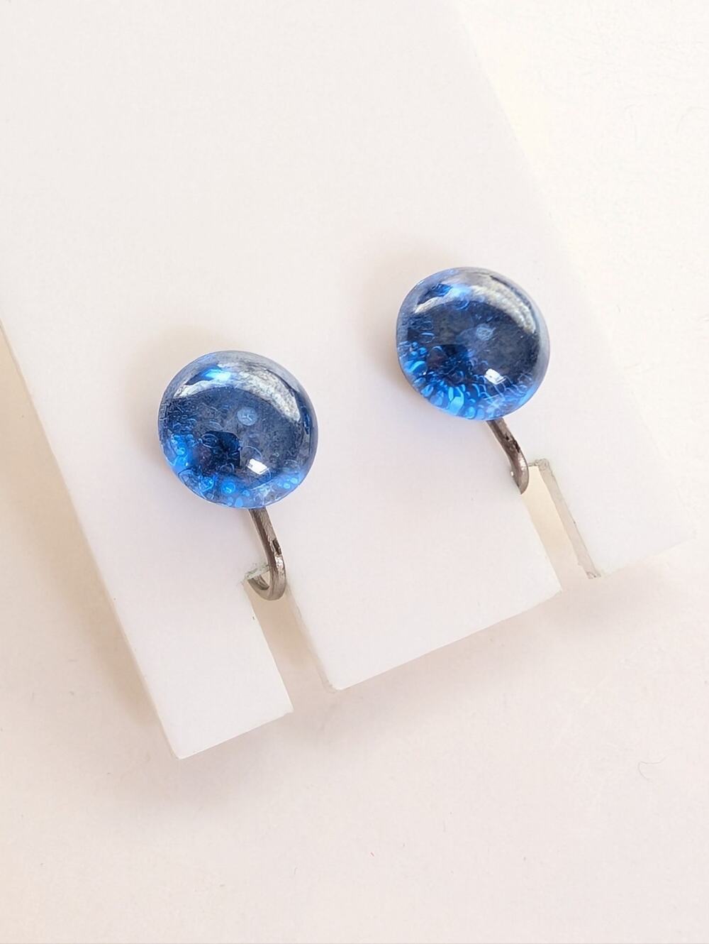 Vintage Signed West Germany Blue Glass Cabochon Minimalist Clip On Earrings